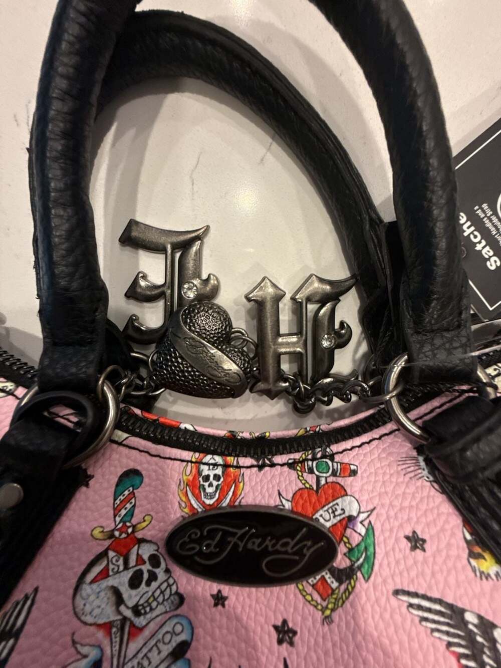 Ed Hardy Pink Tattoo Print Vegan Leather Studded Small Satchel Bag NWT - Picture 5 of 13